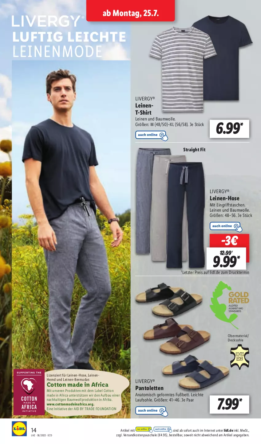 Aktueller Prospekt Lidl - Aktionsprospekt - von 25.07 bis 30.07.2022 - strona 14 - produkty: Bau, baumwolle, bermuda, bermudas, bett, decksohle, eis, hemd, hose, leine, livergy, Mode, ndk, pantolette, pantoletten, reis, Ria, Schal, Schale, shirt, T-Shirt, Tasche, taschen, Ti, wolle, ZTE