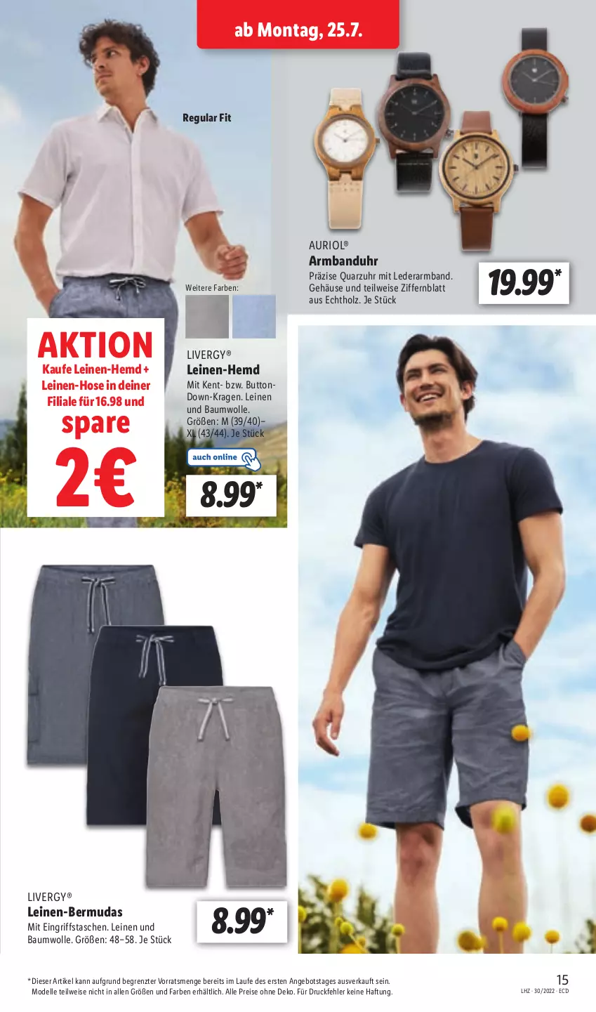 Aktueller Prospekt Lidl - Aktionsprospekt - von 25.07 bis 30.07.2022 - strona 15 - produkty: angebot, Armband, Armbanduhr, Bau, baumwolle, bermuda, bermudas, dell, eis, elle, hemd, Holz, hose, leine, livergy, Mode, reis, Tasche, taschen, Ti, uhr, wolle, ZTE