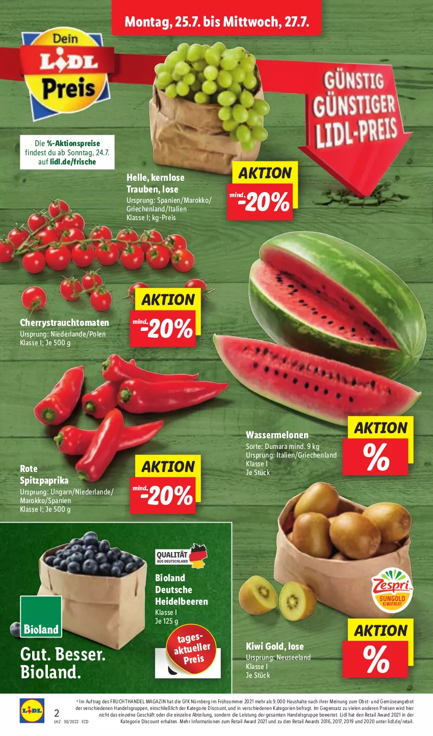 Aktueller Prospekt Lidl - Aktionsprospekt - von 25.07 bis 30.07.2022 - strona 2 - produkty: Abtei, aktionspreis, angebot, beere, beeren, bio, bioland, discount, eis, Elan, elle, frucht, heidelbeere, heidelbeeren, kiwi, Kiwi Gold, magazin, melone, melonen, obst, paprika, Rauch, reis, Spitzpaprika, strauchtomaten, Ti, tomate, tomaten, trauben, und gemüse, wasser, wassermelone, wassermelonen