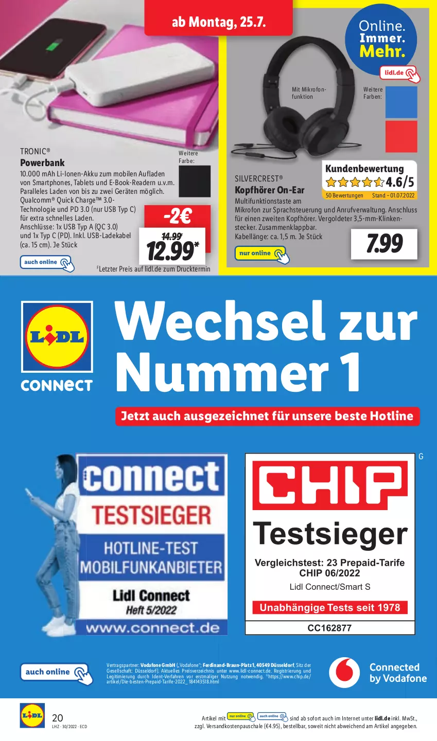 Aktueller Prospekt Lidl - Aktionsprospekt - von 25.07 bis 30.07.2022 - strona 20 - produkty: akku, Bank, braun, deka, E-Book-Reader, eis, elle, kopfhörer, ladekabel, ndk, powerbank, reis, Schal, Schale, silvercrest, smartphone, smartphones, tablet, Tablets, Ti, usb, vodafone, ZTE