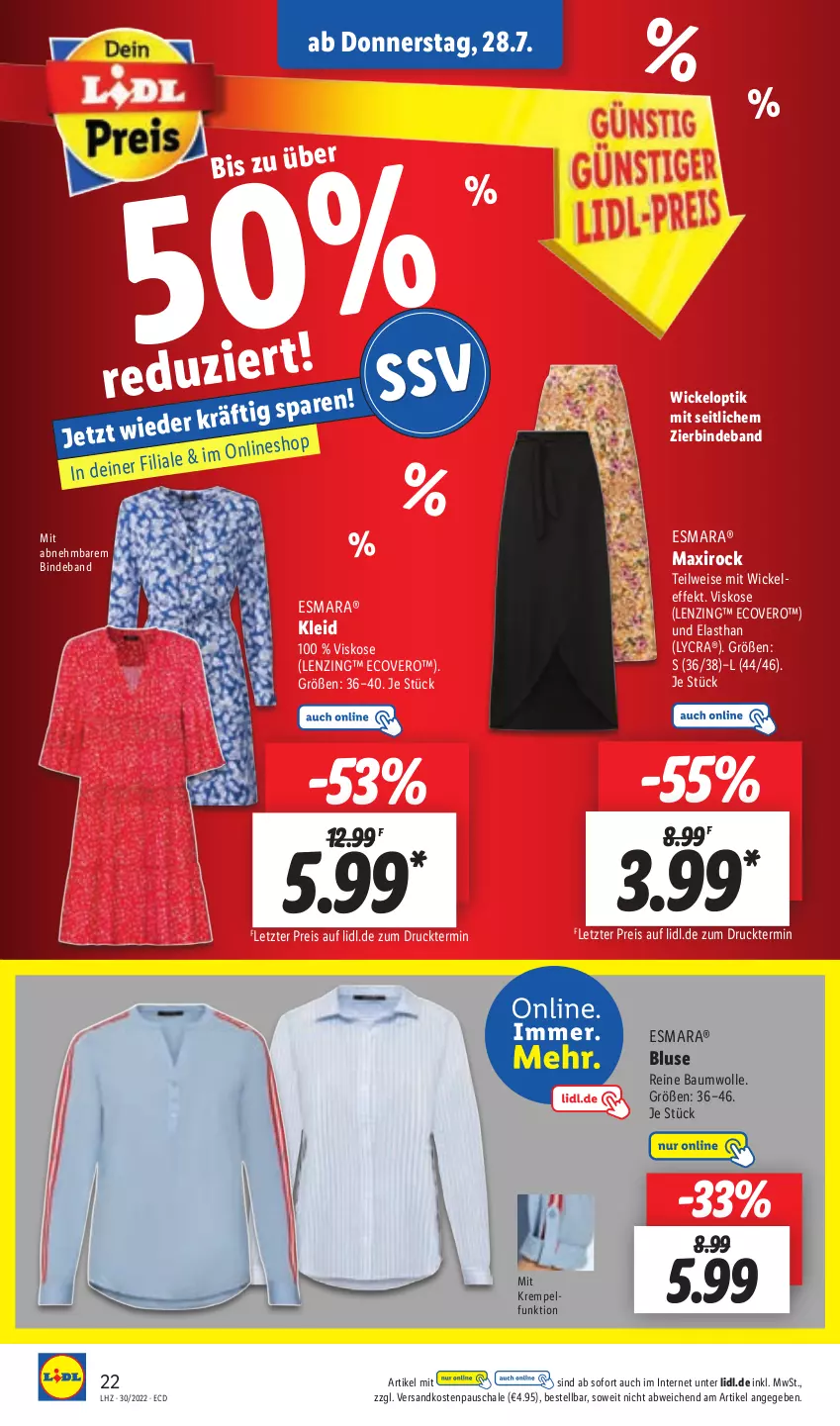 Aktueller Prospekt Lidl - Aktionsprospekt - von 25.07 bis 30.07.2022 - strona 22 - produkty: Bau, baumwolle, bluse, ecovero, eis, esmara, kleid, lenzing, ndk, reine baumwolle, reis, Schal, Schale, Ti, WICK, wolle, ZTE