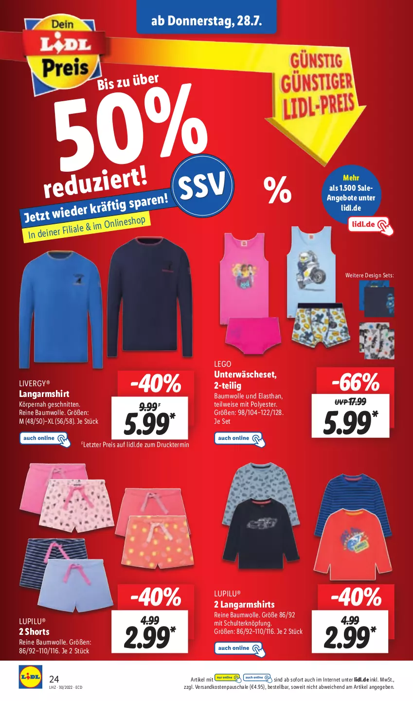 Aktueller Prospekt Lidl - Aktionsprospekt - von 25.07 bis 30.07.2022 - strona 24 - produkty: angebot, angebote, Bau, baumwolle, eis, Langarmshirt, livergy, lupilu, ndk, reine baumwolle, reis, Schal, Schale, schnitten, shirt, shirts, shorts, Ti, Unterwäsche, wolle, ZTE