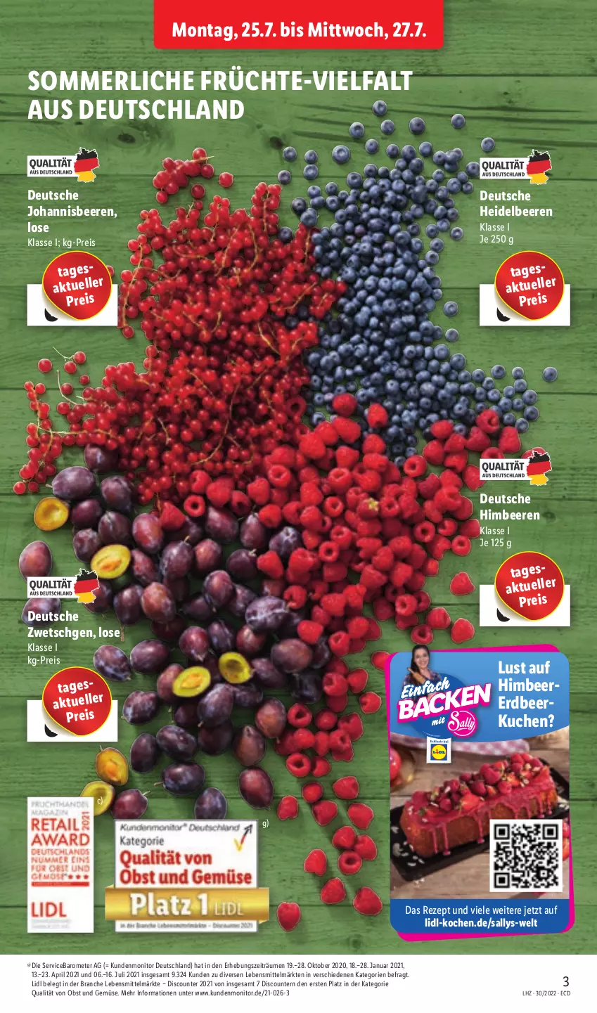 Aktueller Prospekt Lidl - Aktionsprospekt - von 25.07 bis 30.07.2022 - strona 3 - produkty: beere, beeren, discount, eis, elle, früchte, heidelbeere, heidelbeeren, himbeer, himbeere, himbeeren, johannisbeere, Johannisbeeren, kuchen, lebensmittel, merl, monitor, obst, Obst und Gemüse, pril, reis, rezept, Ti, und gemüse