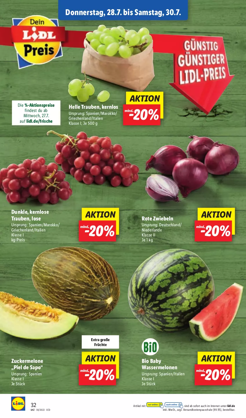 Aktueller Prospekt Lidl - Aktionsprospekt - von 25.07 bis 30.07.2022 - strona 32 - produkty: aktionspreis, bio, eis, elle, früchte, melone, melonen, ndk, reis, Rote Zwiebel, Schal, Schale, Ti, trauben, wasser, wassermelone, wassermelonen, zucker, Zuckermelone, zwiebel, zwiebeln