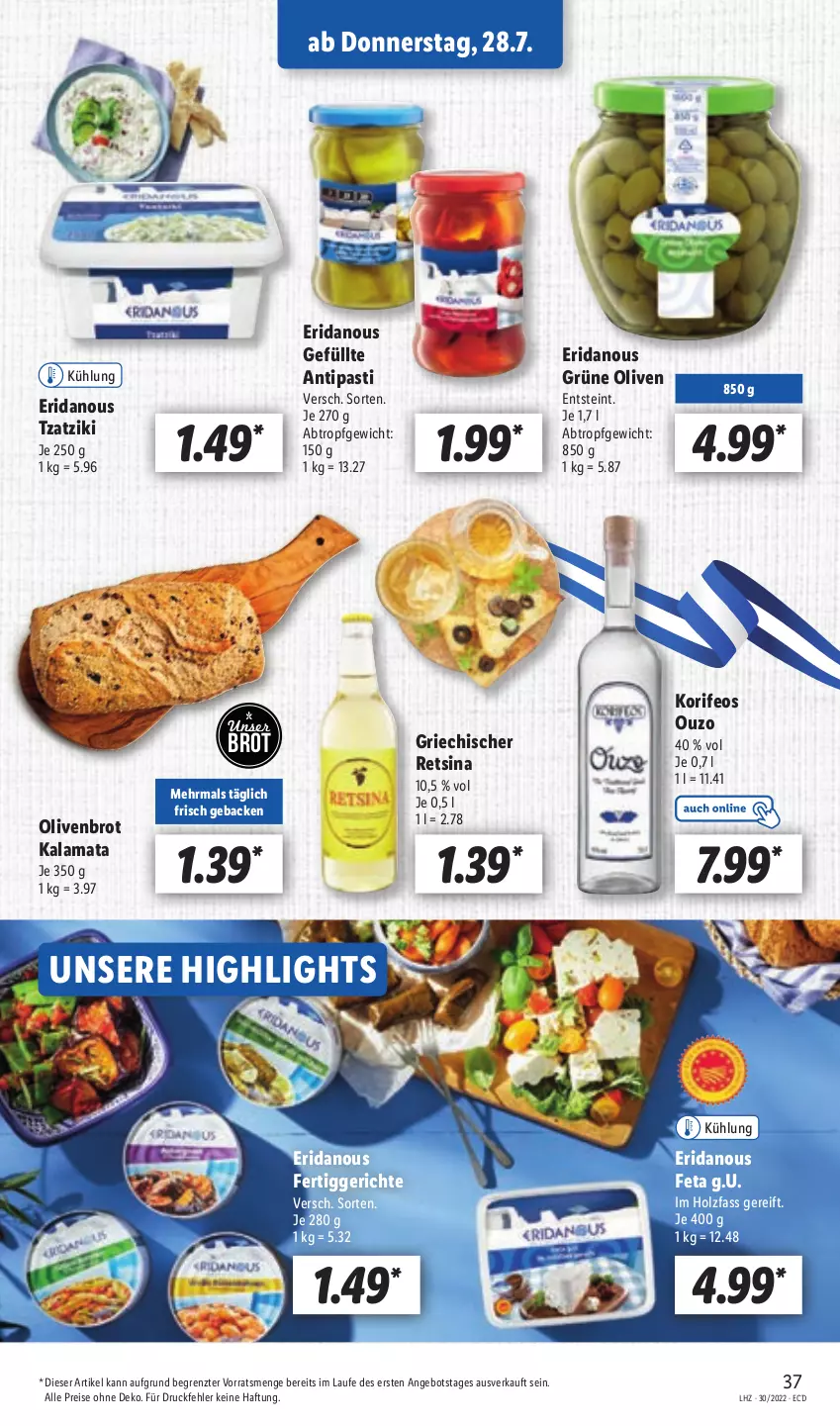 Aktueller Prospekt Lidl - Aktionsprospekt - von 25.07 bis 30.07.2022 - strona 37 - produkty: angebot, antipasti, asti, brot, eis, fertiggericht, fertiggerichte, feta, geback, grüne oliven, Holz, olive, oliven, ouzo, reis, Retsina, Ti, tzatziki, ZTE