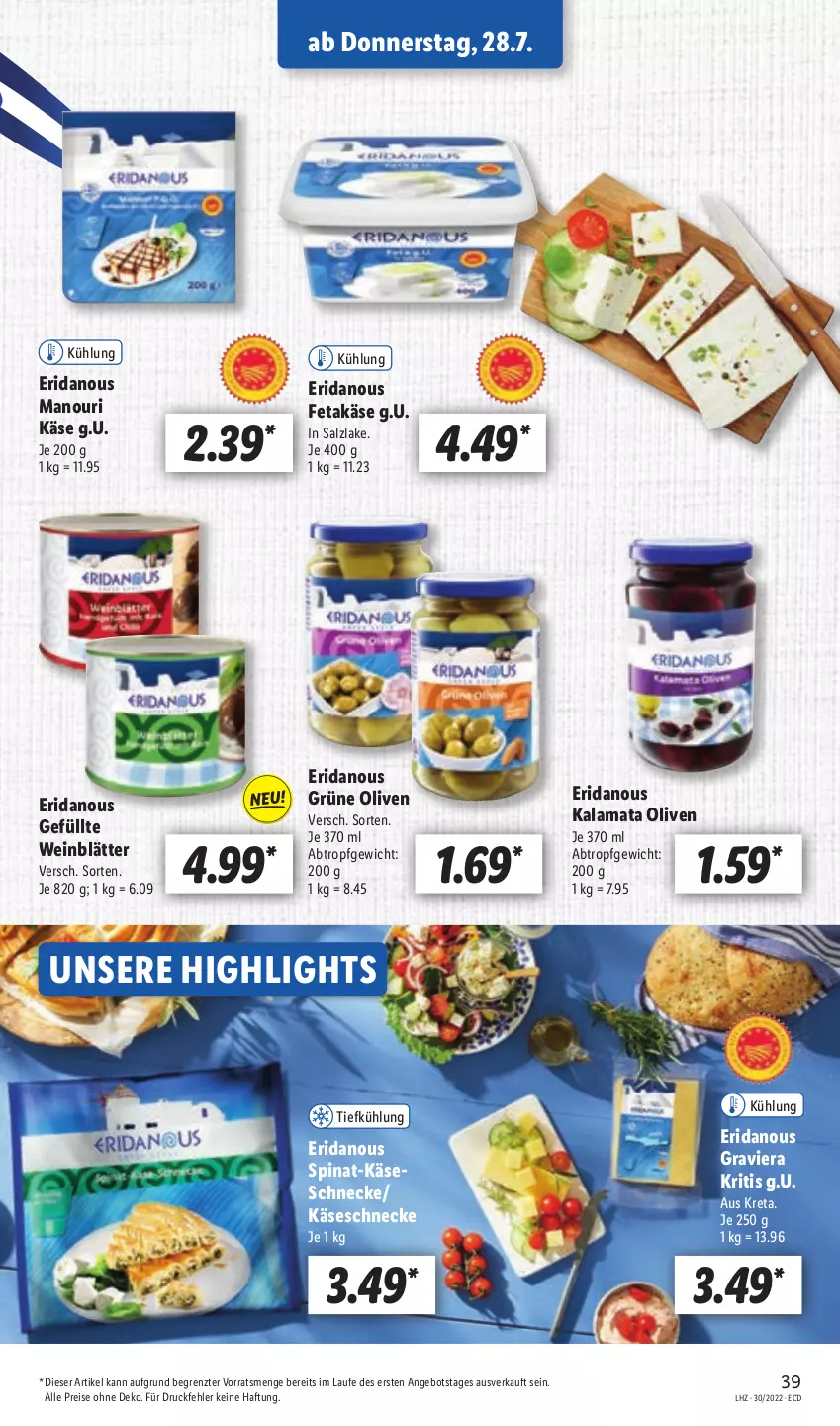 Aktueller Prospekt Lidl - Aktionsprospekt - von 25.07 bis 30.07.2022 - strona 39 - produkty: angebot, eis, feta, grüne oliven, Käse, Käseschnecke, olive, oliven, reis, salz, spinat, Ti, wein, ZTE