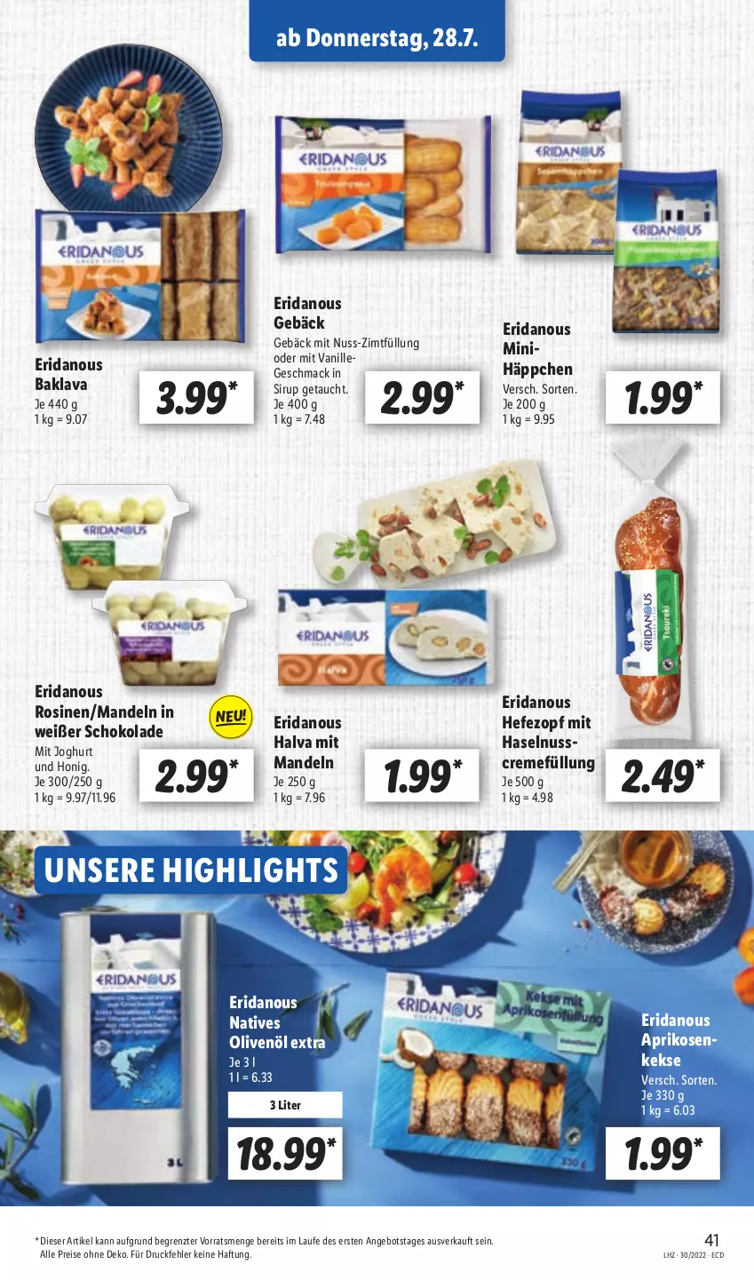 Aktueller Prospekt Lidl - Aktionsprospekt - von 25.07 bis 30.07.2022 - strona 41 - produkty: angebot, aprikose, aprikosen, Baklava, creme, eis, haselnuss, Haselnusscreme, Hefe, honig, joghur, joghurt, keks, kekse, mac, mandel, mandeln, natives olivenöl, nuss, olive, oliven, olivenöl, olivenöl extra, reis, schoko, schokolade, sirup, Ti, vanille, ZTE