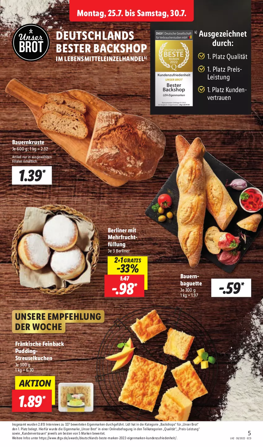 Aktueller Prospekt Lidl - Aktionsprospekt - von 25.07 bis 30.07.2022 - strona 5 - produkty: auer, baguette, Bau, Bauer, berliner, brot, eis, frucht, kuchen, lebensmittel, pudding, reis, Streuselkuchen, Ti