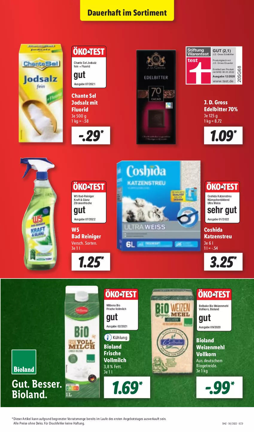 Aktueller Prospekt Lidl - Aktionsprospekt - von 25.07 bis 30.07.2022 - strona 59 - produkty: angebot, auer, Bad, Bad-Reiniger, bio, bioland, Bona, Coshida, eis, Katzenstreu, korn, kraft, mehl, Milbona, milch, reiniger, reis, salz, Ti, vollmilch, weizenmehl, zitrone, zitronen, ZTE