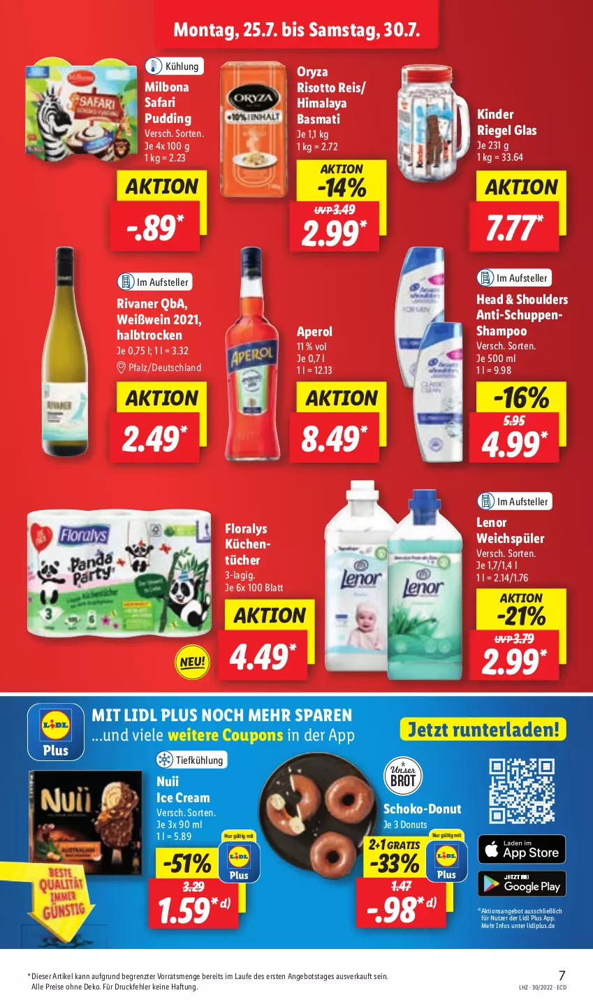 Aktueller Prospekt Lidl - Aktionsprospekt - von 25.07 bis 30.07.2022 - strona 7 - produkty: angebot, aperol, basmati, Bona, brot, coupon, coupons, Donut, donuts, eis, elle, Floralys, Kinder, kinder riegel, küche, Küchen, küchentücher, lenor, lenor weichspüler, Milbona, nuii, oryza, pudding, reis, riegel, risotto, Rivaner, schoko, shampoo, teller, Ti, tücher, weichspüler, wein, Weißwein, ZTE