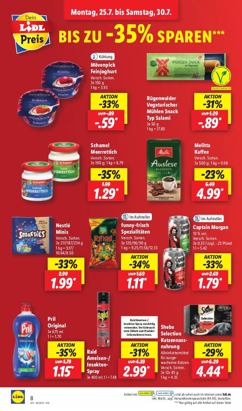 Aktueller Prospekt Lidl - Aktionsprospekt - von 25.07 bis 30.07.2022 - strona 8 - produkty: alleinfuttermittel, Cap, captain morgan, eis, elle, feinjoghurt, funny-frisch, gin, joghur, joghurt, kaffee, meerrettich, melitta, mövenpick, Nassnahrung, ndk, nestlé, pril, Rauch, Rettich, rügenwalder, rwe, salami, Schal, Schale, schamel, sekt, sheba, snack, Spezi, teller, Ti, Vegeta