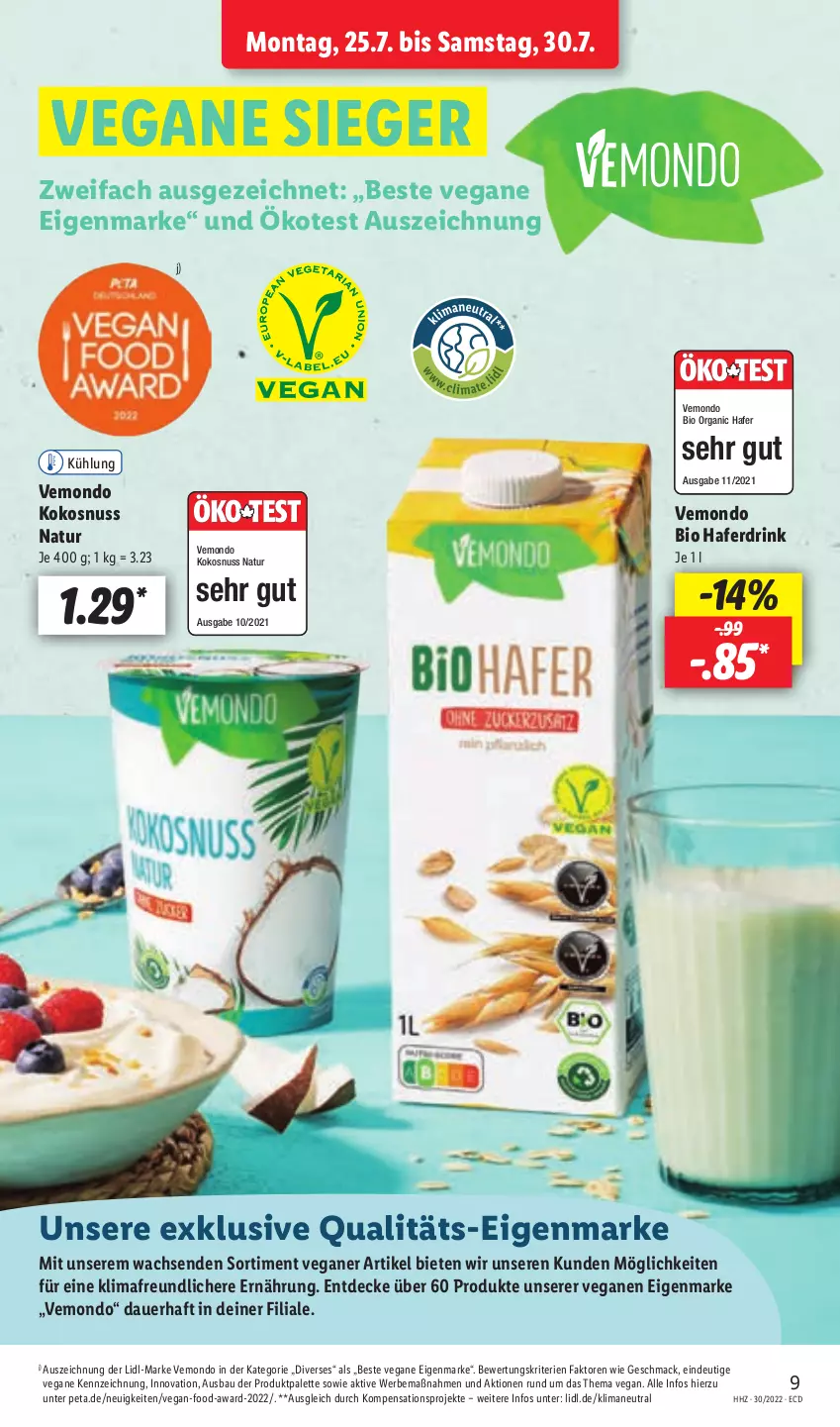 Aktueller Prospekt Lidl - Aktionsprospekt - von 25.07 bis 30.07.2022 - strona 9 - produkty: auer, Bau, bio, decke, drink, hafer, Haferdrink, kokos, kokosnuss, mac, natur, nuss, Palette, Ti, usb