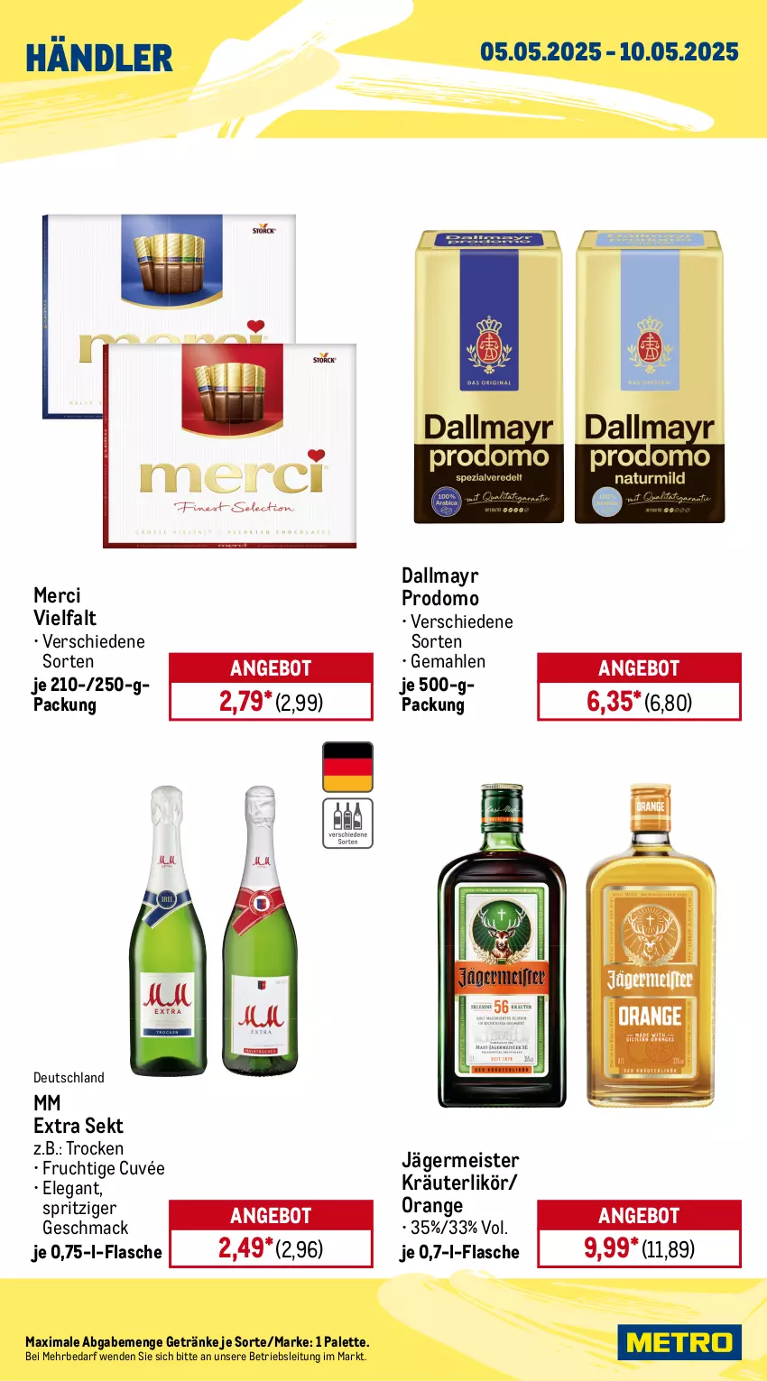 Aktueller Prospekt Metro - Wochen-Angebote Händler - von 05.05 bis 10.05.2025 - strona 2 - produkty: angebot, auto, cuvée, dallmayr, dallmayr prodomo, eis, flasche, frucht, Germ, getränk, getränke, jägermeister, kräuter, kräuterlikör, LG, likör, mac, Meister, merci, mm extra, orange, Palette, prodomo, sekt, Ti, tisch