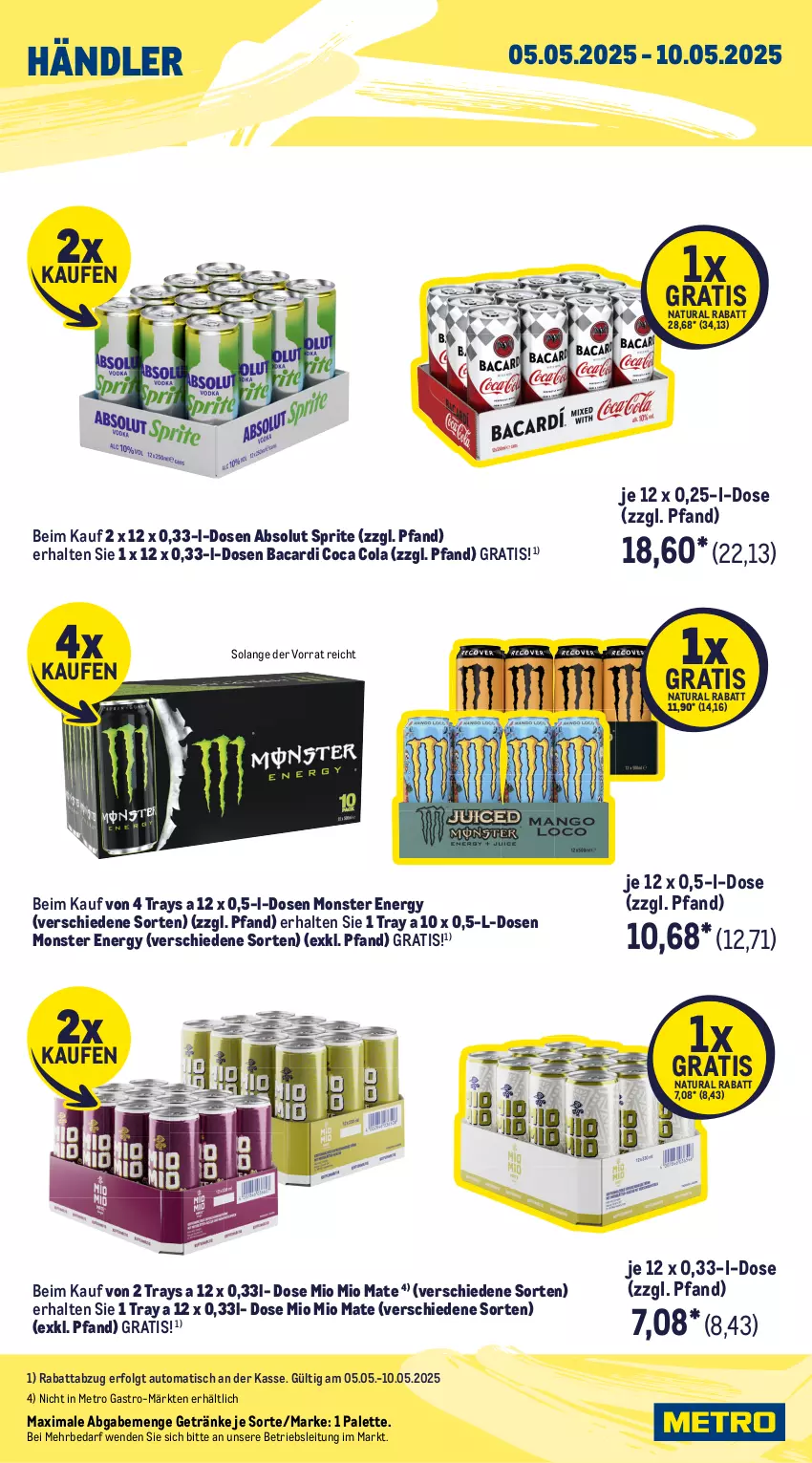 Aktueller Prospekt Metro - Wochen-Angebote Händler - von 05.05 bis 10.05.2025 - strona 4 - produkty: auto, bacardi, cola, getränk, getränke, LG, Metro, metro gastro, Mio Mio, monster, Monster Energy, natur, natura, Palette, sprite, Ti, tisch