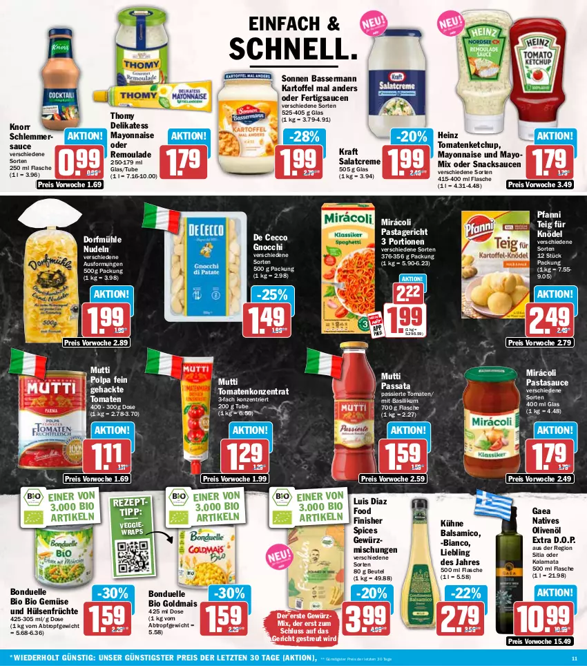 Aktueller Prospekt Hit - Wochenprospekt - von 24.11 bis 29.11.2025 - strona 11 - produkty: balsam, balsamico, basilikum, beutel, bio, bio gemüse, bonduelle, creme, De Cecco, ecco, eis, elle, Finish, flasche, früchte, gewürz, Gewürzmischung, gnocchi, Goldmais, heinz, hülsenfrüchte, kartoffel, ketchup, Knödel, knorr, kraft, Kühne, mais, mayonnaise, Mirácoli, Mutti, natives olivenöl, nudel, nudeln, olive, oliven, olivenöl, olivenöl extra, pasta, Pastagericht, pfanni, reis, remoulade, salat, salatcreme, sauce, saucen, schlemmersauce, senf, snack, snacks, thomy, Ti, tomate, tomaten, tomatenketchup, veggie, wrap, wraps, Yo, ZTE