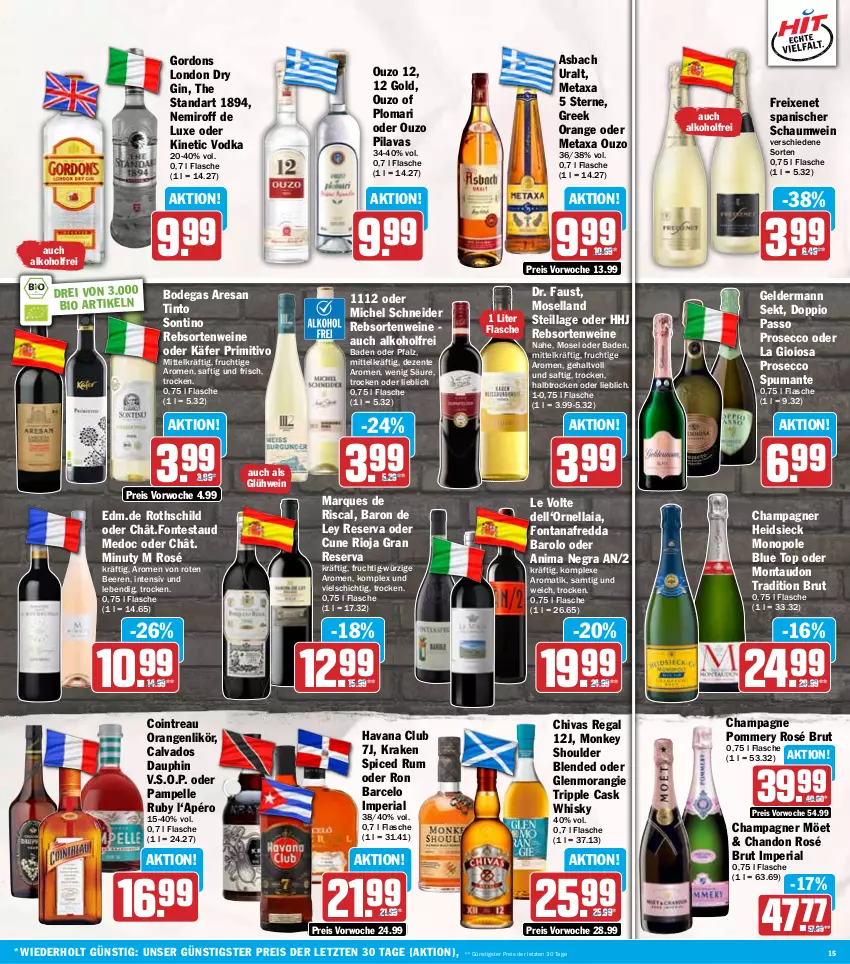 Aktueller Prospekt Hit - Wochenprospekt - von 24.11 bis 29.11.2025 - strona 15 - produkty: alkohol, asbach uralt, aust, Bad, Barolo, beere, beeren, bio, brut, champagne, champagner, dell, doppio passo, dry gin, ecco, eis, elle, ente, flasche, freixenet, frucht, geldermann, gin, Glühwein, gordon, gordons, Havana Club, käfer, La Gioiosa, likör, london dry, london dry gin, Metaxa, Michel Schneider, moselland, orange, orangen, ouzo, ouzo 12, passo, primitivo, prosecco, puma, rebsortenweine, regal, reis, resa, Ria, rioja, rum, saft, sekt, spumante, Ti, vodka, wein, weine, whisky, ZTE