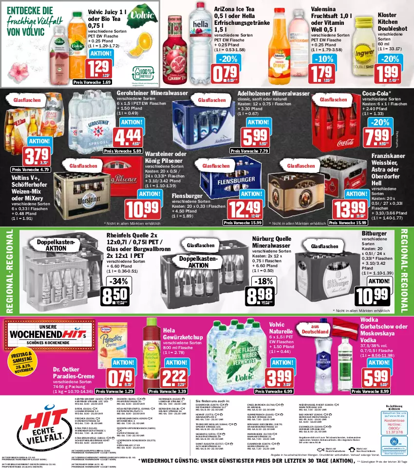 Aktueller Prospekt Hit - Wochenprospekt - von 24.11 bis 29.11.2025 - strona 19 - produkty: adelholzener, Alwa, angebot, angebote, Astra, auer, Bad, bier, bio, bitburger, braun, burger, burgwallbronn, coca-cola, cola, creme, Dr. Oetker, eimer, eis, elle, Engel, erfrischungsgetränk, erfrischungsgetränke, fisch, flasche, flensburger, franziskaner, frucht, fruchtsaft, gerolsteine, gerolsteiner, getränk, getränke, gewürz, gewürzketchup, glasflasche, Gorbatschow, Hela, hella, Holz, ice tea, ketchup, könig pilsener, Lübecker, mineralwasser, Mixer, mixery, moskovskaya, natur, pils, pilsener, Rauch, reis, rel, rheinfels quelle, saft, schöfferhofer, steiner, Ti, uhr, valensina, veltins, vita, vodka, volvic, warsteiner, wasser, weissbier, wodka, ZTE