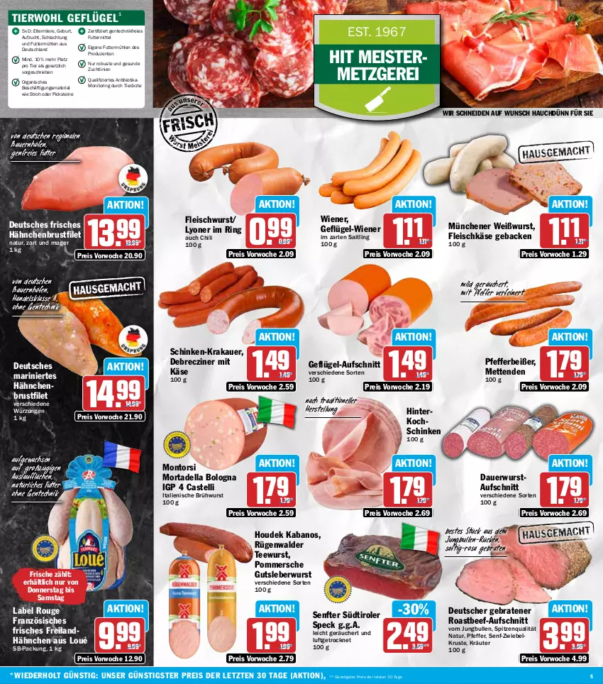 Aktueller Prospekt Hit - Wochenprospekt - von 24.11 bis 29.11.2025 - strona 5 - produkty: auer, aufschnitt, Bau, Bauer, beef, bio, braten, Brühwurst, brustfilet, chili, debrecziner, dell, eis, elle, ente, filet, fleisch, fleischkäse, fleischwurst, geback, Geflügel, gutsleberwurst, hähnchenbrust, hähnchenbrustfilet, hinterkochschinken, houdek, im zarten saitling, jungbullen, kabanos, Käse, kochschinken, krakauer, kräuter, leberwurst, lyoner, Meister, Mett, metten, Mettenden, monitor, montorsi, mortadella, natur, pfeffer, Pfefferbeißer, Pommersche, reis, Ria, ring, roastbeef, rouge, rügenwalder, saft, schinken, senf, Speck, spitzenqualität, südtiroler, tee, teewurst, Ti, Tiere, Weißwurst, wiener, wurst, Yo, ZTE, zwiebel