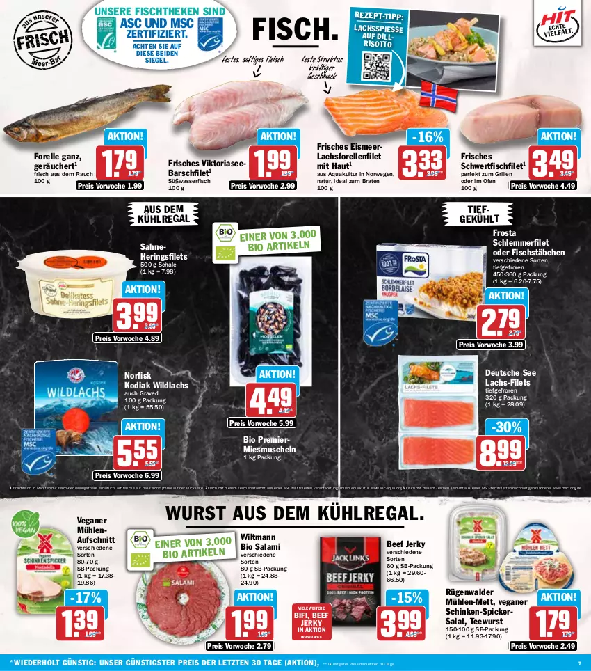 Aktueller Prospekt Hit - Wochenprospekt - von 24.11 bis 29.11.2025 - strona 7 - produkty: aqua, aufschnitt, aus dem kühlregal, beef, bifi, bio, braten, eis, elle, filet, filets, fisch, fische, Fischer, fischstäbchen, fischtheke, fleisch, forelle, frischfisch, frosta, grill, hering, Herings, heringsfilets, ideal zum braten, kühlregal, lachs, mac, Mett, Muscheln, natur, Ofen, Rauch, regal, reis, rel, Ria, ring, risotto, rügenwalder, rügenwalder mühle, rwe, saft, sahne, salami, salat, Schal, Schale, Schere, schinken, schlemmerfilet, tee, teewurst, Ti, wasser, Wild, wildlachs, wiltmann, wurst, ZTE