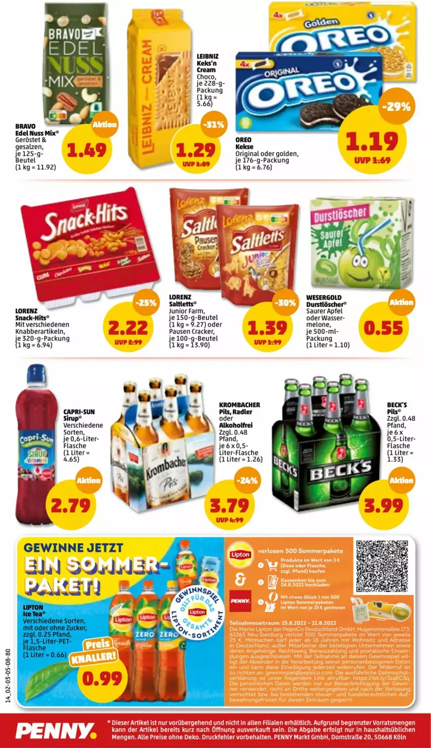 Aktueller Prospekt Penny - Prospekte - von 15.08 bis 20.08.2022 - strona 14 - produkty: alkohol, apfel, beutel, Bravo, Cap, capri-sun, cracker, durstlöscher, flasche, gin, keks, kekse, krombache, krombacher, leibniz, lorenz, melone, nuss, pils, radler, saltletts, salz, sirup, snack, Ti, wasser