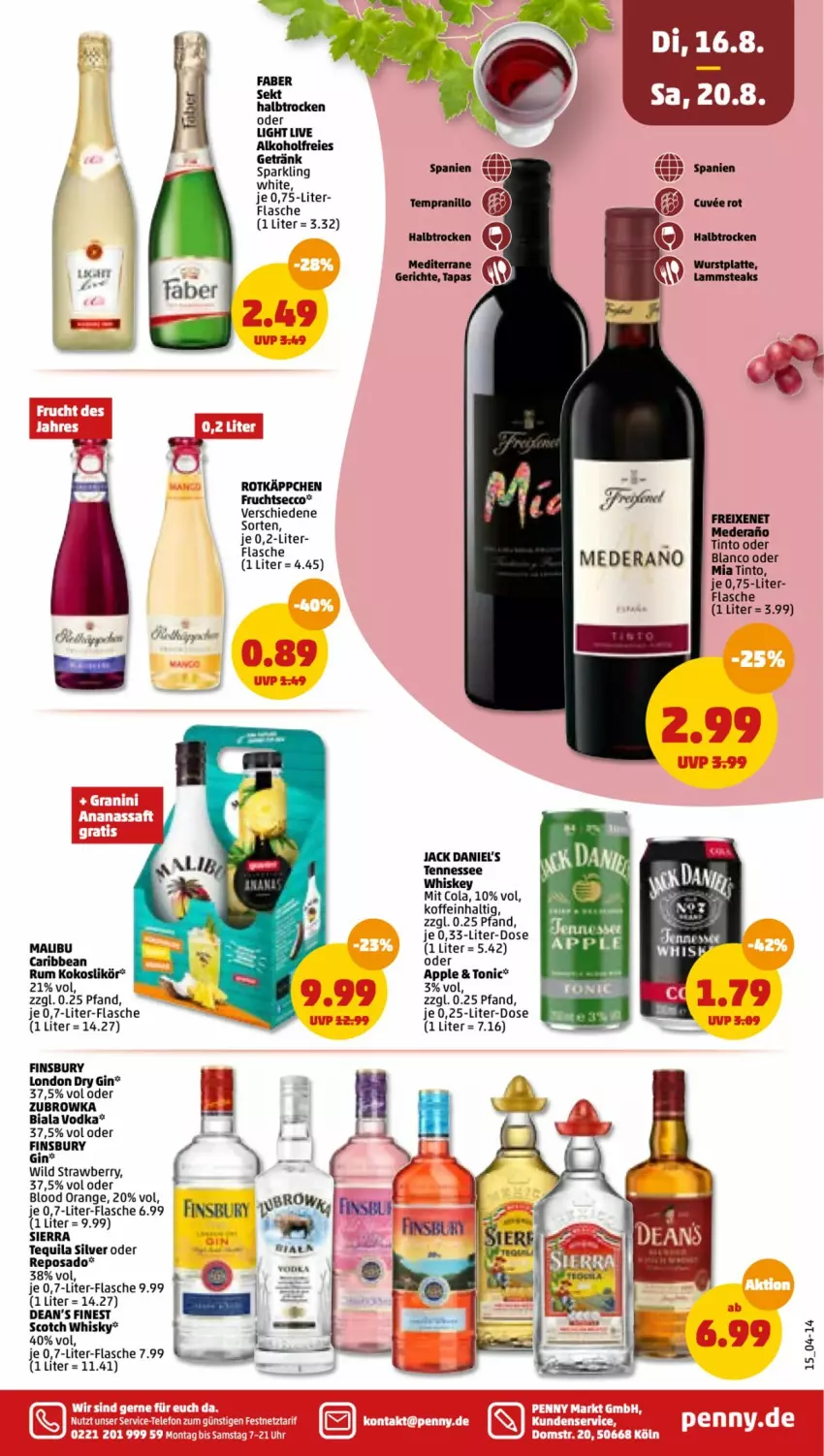 Aktueller Prospekt Penny - Prospekte - von 15.08 bis 20.08.2022 - strona 15 - produkty: alkohol, ananas, Apple, cola, dry gin, ecco, finsbury, flasche, frucht, fruchtsecco, getränk, gin, jack daniel, jack daniels, kokos, likör, london dry, london dry gin, Malibu, orange, rotkäppchen, rum, saft, scotch, scotch whisky, sekt, Sierra, tee, telefon, tennessee whiskey, tequila, Ti, tonic, uhr, vodka, whiskey, whisky, Wild