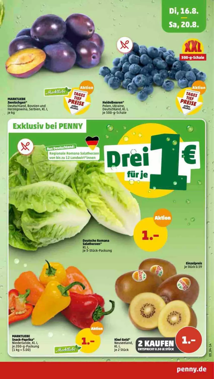 Aktueller Prospekt Penny - Prospekte - von 15.08 bis 20.08.2022 - strona 3 - produkty: beere, beeren, eis, heidelbeere, heidelbeeren, kiwi, Kiwi Gold, paprika, ring, salat, salatherzen, Schal, Schale, snack