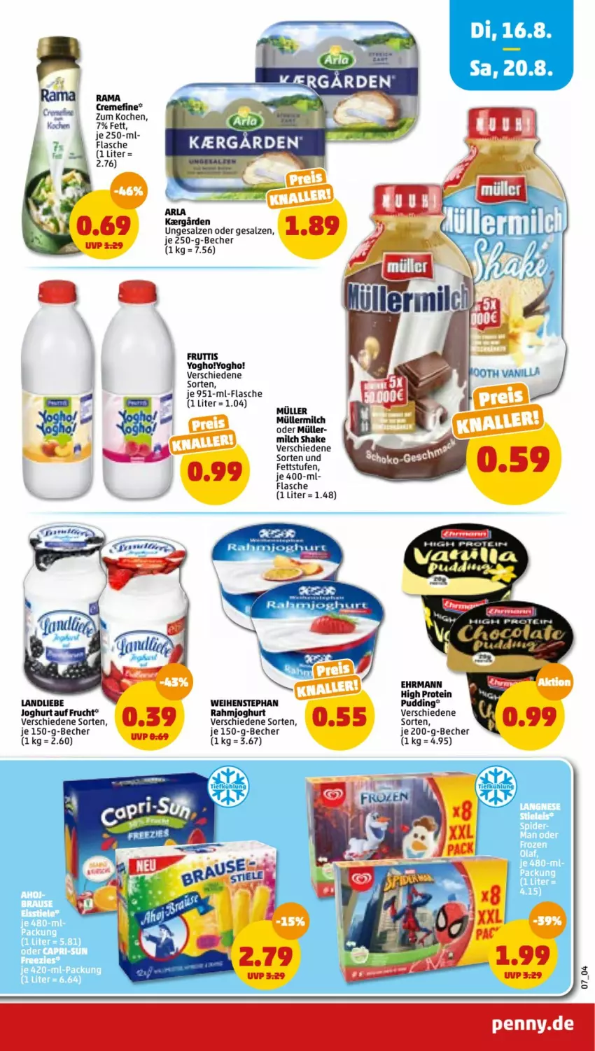 Aktueller Prospekt Penny - Prospekte - von 15.08 bis 20.08.2022 - strona 7 - produkty: Becher, creme, ehrmann, eis, flasche, frucht, joghur, joghurt, landliebe, milch, Müller, müllermilch, pudding, rahmjoghurt, salz, shake, Ti, weihenstephan, Yo