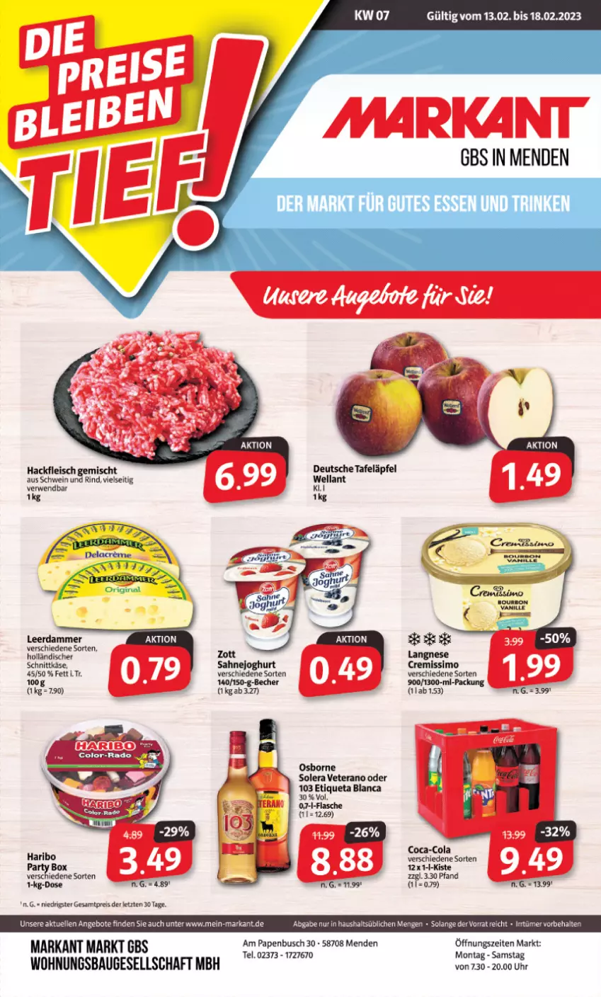 Aktueller Prospekt Markant - Prospekte - von 13.02 bis 18.02.2023 - strona 1 - produkty: Bau, Becher, eis, Etiqueta Blanca, flasche, fleisch, gutes essen, hackfleisch, haribo, joghur, joghurt, leerdammer, osborne, reis, rind, rwe, sahne, Sahnejoghurt, schwein, schwein und rind, sim, Ti, uhr, veterano, wein, ZTE