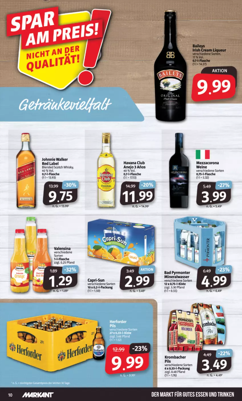 Aktueller Prospekt Markant - Prospekte - von 13.02 bis 18.02.2023 - strona 10 - produkty: Alwa, Bad, blended scotch, blended scotch whisky, Cap, capri-sun, corona, flasche, Havana Club, johnnie walker, krombache, krombacher, krombacher pils, mezzacorona, mineralwasser, monte, pils, scotch, scotch whisky, valensina, wasser, wein, weine, whisky