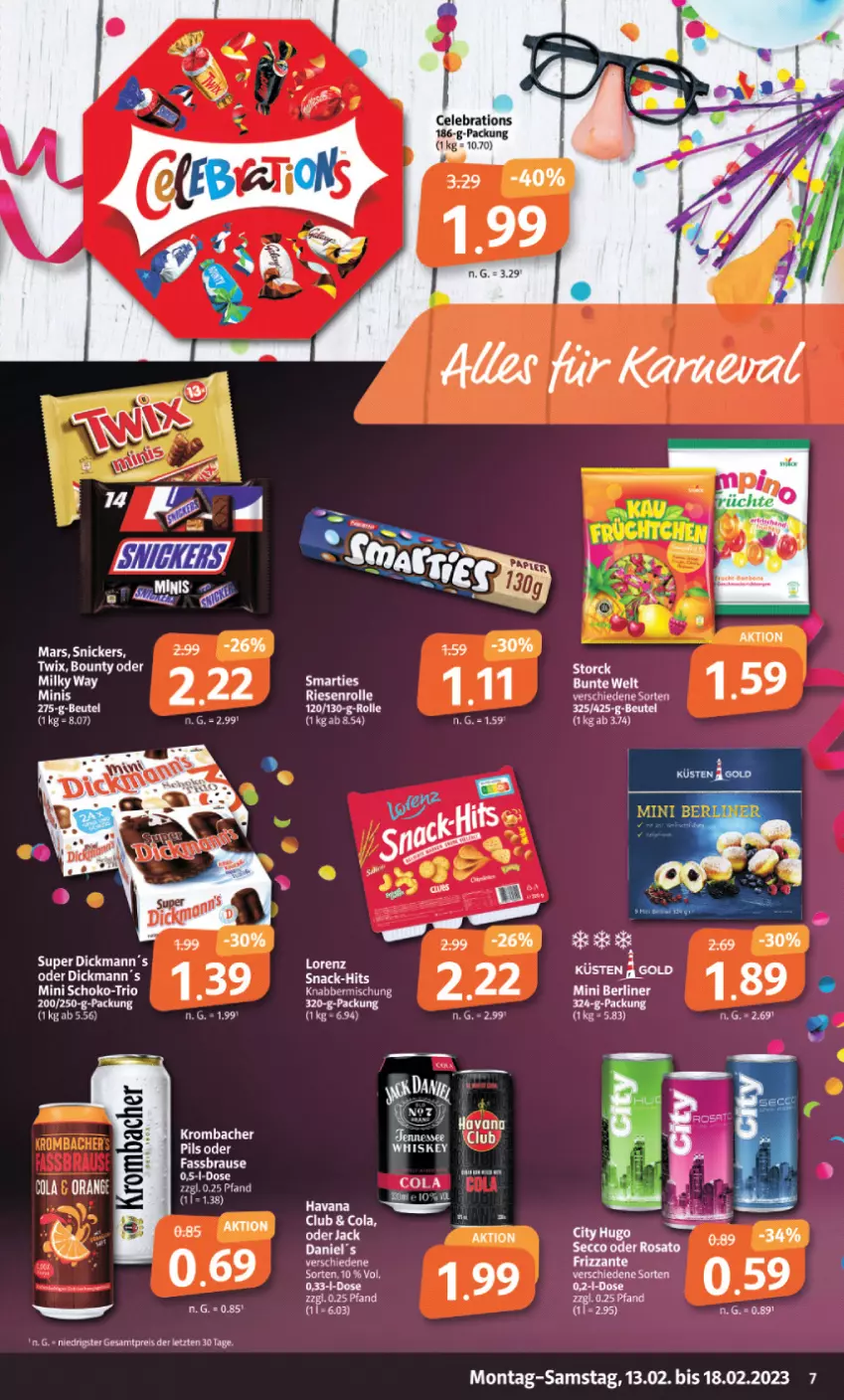 Aktueller Prospekt Markant - Prospekte - von 13.02 bis 18.02.2023 - strona 7 - produkty: beutel, bounty, brause, cola, elle, fassbrause, lorenz, mars, schoko, smarties, snack, snickers, Ti, twix, whiskey