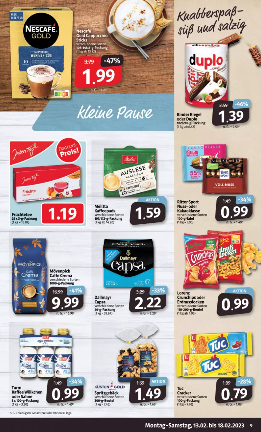 Aktueller Prospekt Markant - Prospekte - von 13.02 bis 18.02.2023 - strona 9 - produkty: beutel, caffe, chips, cracker, crunchips, dallmayr, duplo, eis, erdnuss, kaffee, kaffeepads, kakao, Kinder, kinder riegel, lorenz, lorenz crunchips, melitta, mövenpick, nuss, reis, riegel, sahne, tuc, ZTE