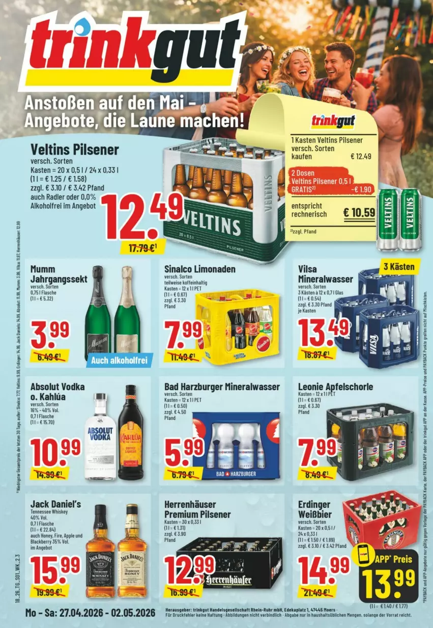 Aktueller Prospekt Trinkgut - Prospekte - von 26.04 bis 02.05.2026 - strona 1 - produkty: Absolut Vodka, alkohol, Alwa, angebot, angebote, apfel, Apfelschorle, Apple, Bad, bier, burger, deka, eis, erdinger, flasche, jack daniel, jack daniel's, jack daniels, jahrgangssekt, lack, limo, limonade, limonaden, mineralwasser, mumm, payback, pils, pilsener, premium pils, radler, reifen, reis, schorle, sekt, sinalco, Ti, veltins, veltins pilsener, vilsa, vodka, wasser, ZTE