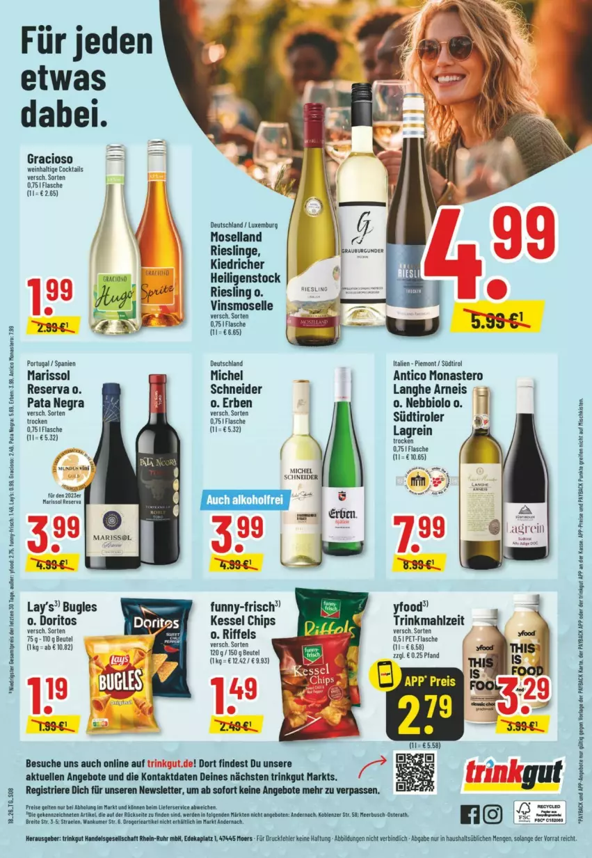 Aktueller Prospekt Trinkgut - Prospekte - von 26.04 bis 02.05.2026 - strona 10 - produkty: alkohol, angebot, angebote, beutel, bio, Brei, bugles, chips, cocktail, cocktails, deka, Doritos, eis, elle, fisch, flasche, funny-frisch, gracioso, lays, lieferservice, moselland, payback, pet-flasche, reifen, reis, riesling, Ti, wein, Yo, ZTE