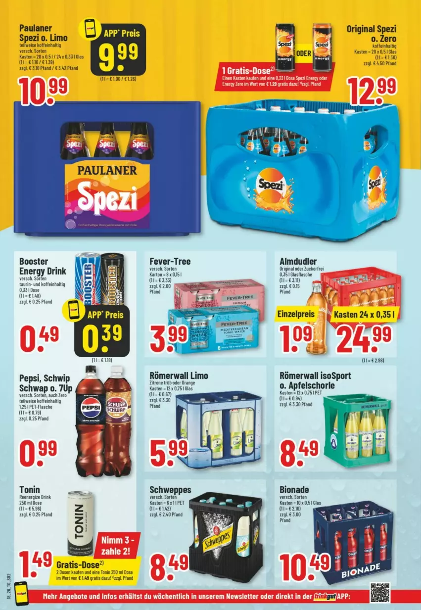 Aktueller Prospekt Trinkgut - Prospekte - von 26.04 bis 02.05.2026 - strona 2 - produkty: 7UP, almdudler, apfel, Apfelschorle, bio, bionade, drink, eis, energy drink, fever-tree, flasche, gin, glasflasche, limo, orange, Paula, paulaner, pepsi, pet-flasche, reis, schorle, schweppes, Spezi, Sport, Ti, zitrone, zucker