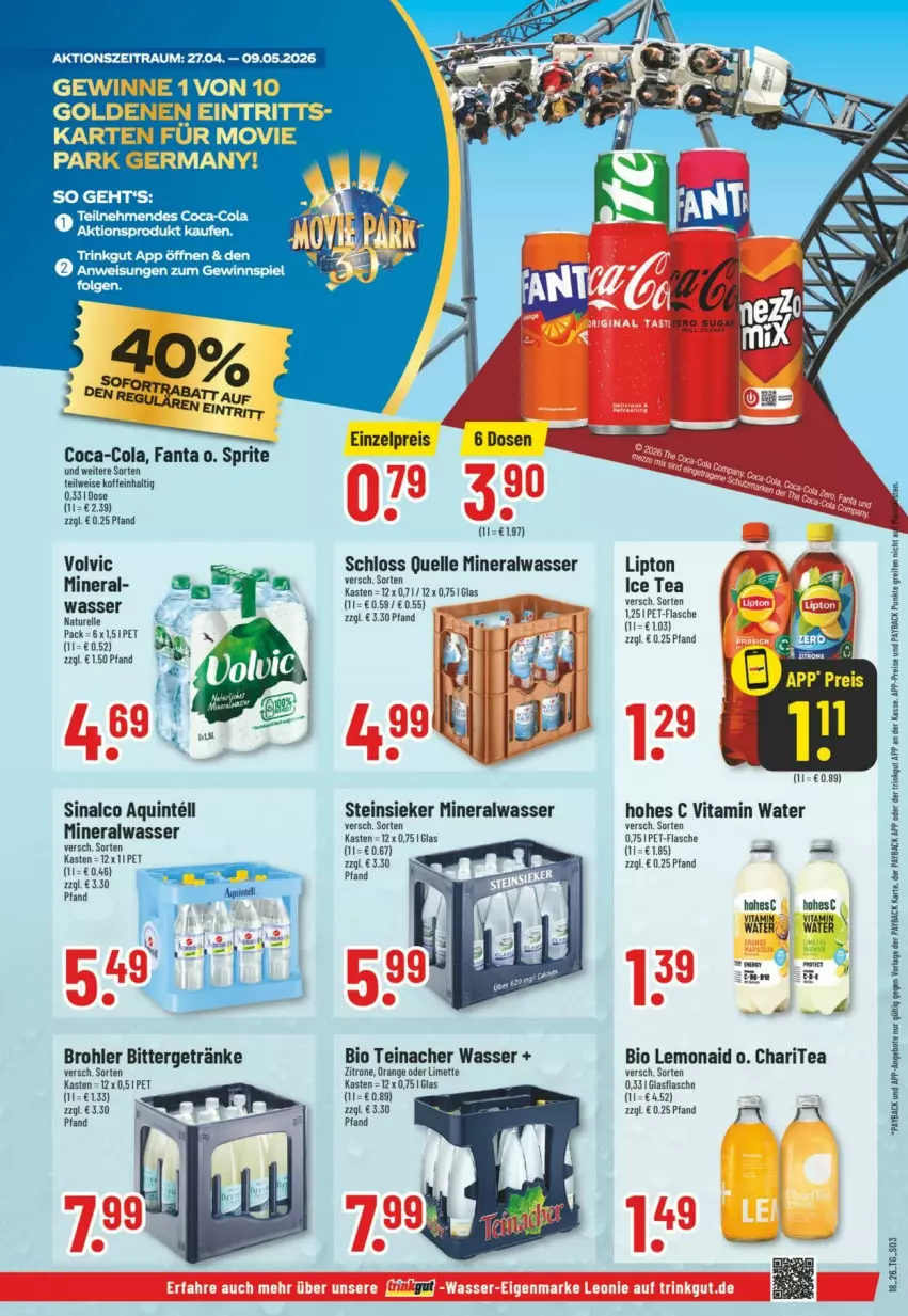 Aktueller Prospekt Trinkgut - Prospekte - von 26.04 bis 02.05.2026 - strona 3 - produkty: Alwa, angebot, angebote, bio, coca-cola, cola, eis, elle, fanta, flasche, getränk, getränke, Hohes C, ice tea, Intel, limette, lipton, lipton ice tea, Mett, mineralwasser, natur, Ofen, orange, payback, pet-flasche, reifen, reis, rel, sinalco, sprite, Steinsieker, vita, volvic, wasser, zitrone