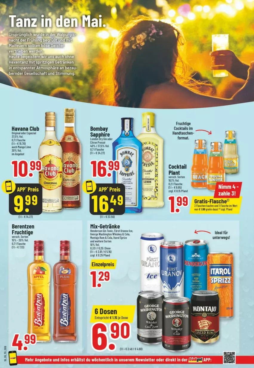 Aktueller Prospekt Trinkgut - Prospekte - von 26.04 bis 02.05.2026 - strona 8 - produkty: angebot, berentzen, cocktail, cocktails, cola, eis, enders, flasche, frucht, getränk, getränke, gin, Handtasche, Havana Club, mango, reis, rum, rwe, sapphire, sim, Sprizz, Tasche, taschen, Ti, tonic, whiskey