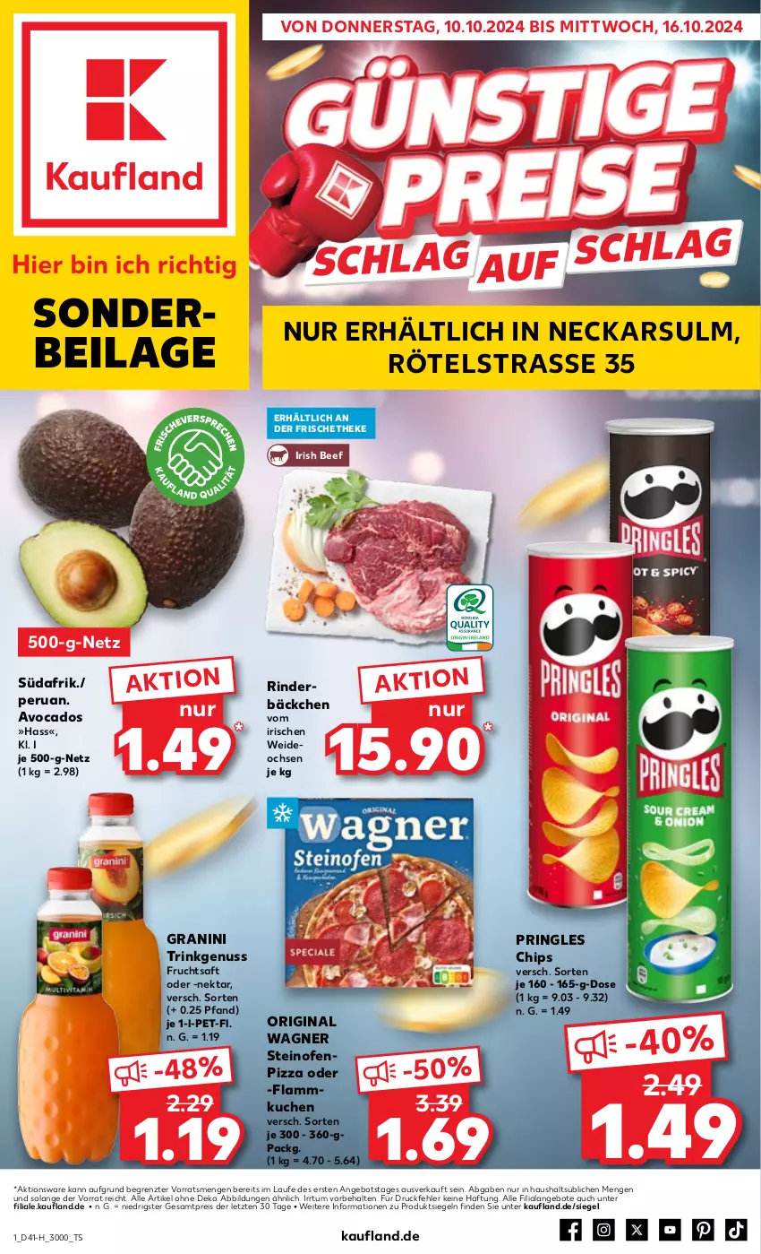 Aktueller Prospekt Kaufland - Extra-Angebote - von 10.10 bis 16.10.2024 - strona 1 - produkty: angebot, angebote, auer, avocado, avocados, beef, chips, cin, deo, eis, flammkuchen, frucht, fruchtsaft, gin, granini, ilag, kuchen, lamm, Nektar, nuss, Ofen, original wagner, pizza, pringles, reis, rind, rinder, ring, saft, steinofen, Ti, wagner, ZTE