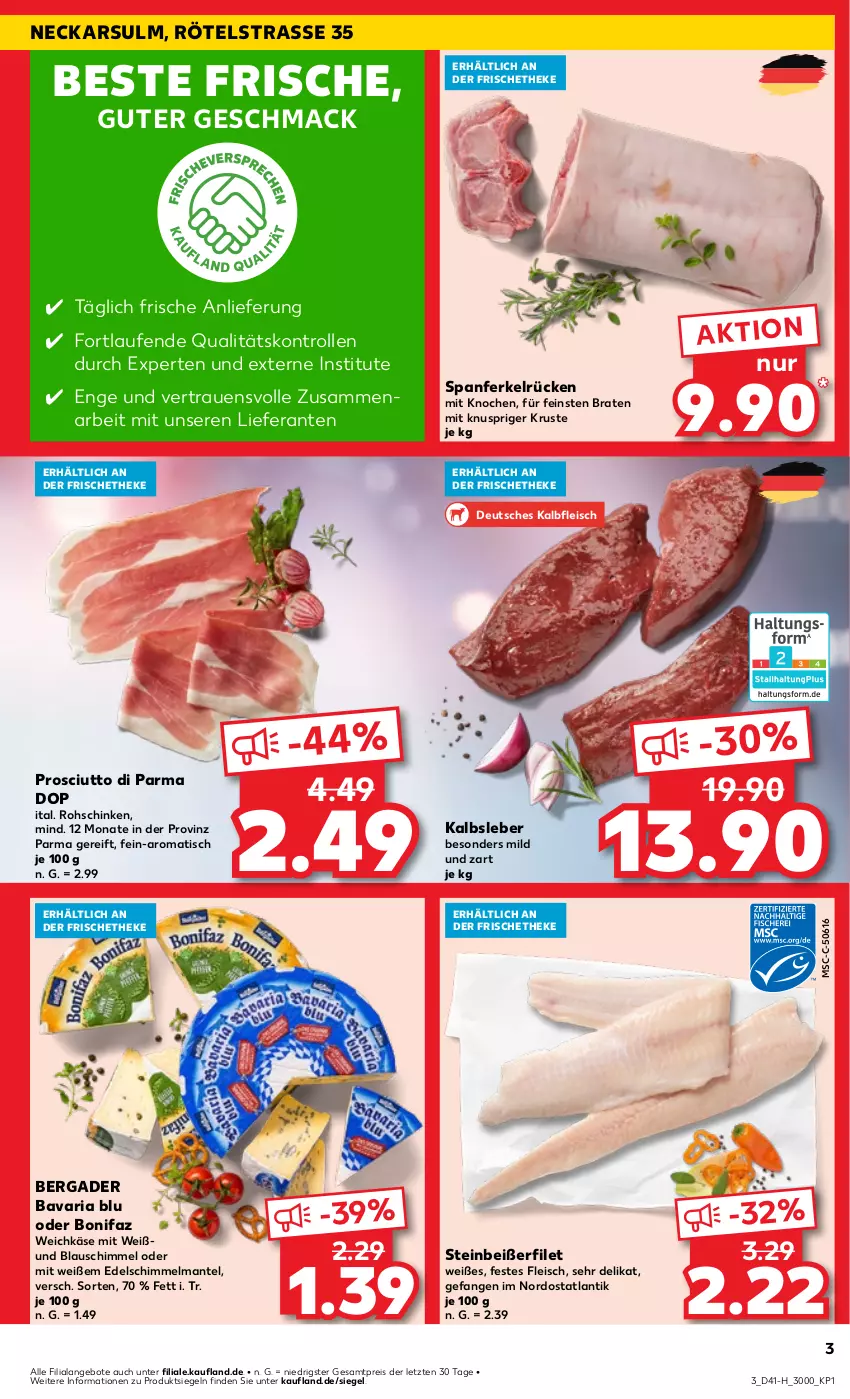 Aktueller Prospekt Kaufland - Extra-Angebote - von 10.10 bis 16.10.2024 - strona 3 - produkty: angebot, angebote, bavaria blu, bergader, braten, eis, filet, fleisch, Kalbfleisch, Kalbsleber, Käse, Laufen, mac, Mantel, prosciutto, Prosciutto di Parma, reis, Ria, rohschinken, schinken, Steinbeißer, Steinbeißerfilet, Ti, tisch, weichkäse, ZTE