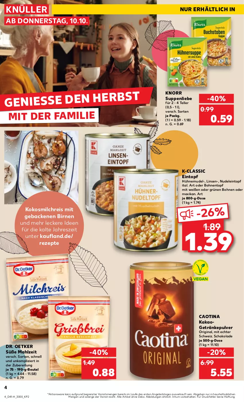 Aktueller Prospekt Kaufland - Extra-Angebote - von 10.10 bis 16.10.2024 - strona 4 - produkty: angebot, beutel, Birnen, bohne, bohnen, Dr. Oetker, eintopf, eis, elle, geback, getränk, getränke, getränkepulver, gin, hühner, kakao, knorr, kokos, kokosmilch, linsen, milch, milchreis, nudel, reis, rezept, rezepte, schoko, schokolade, suppe, suppen, suppenliebe, teller, Ti, topf, ZTE