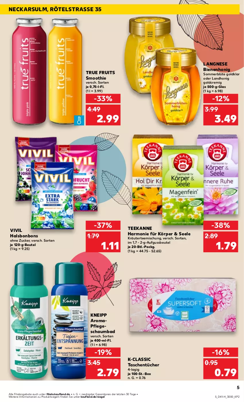 Aktueller Prospekt Kaufland - Extra-Angebote - von 10.10 bis 16.10.2024 - strona 5 - produkty: angebot, angebote, Bad, beutel, Blüte, bonbons, eis, honig, kneipp, kräuter, langnese, reis, schaumbad, smoothie, Tasche, taschen, taschentücher, tee, teekanne, Ti, true fruits, tücher, ZTE, zucker