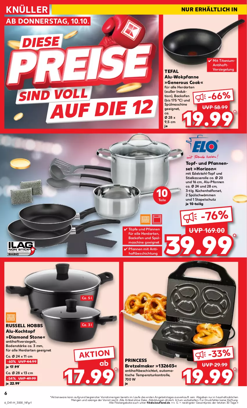 Aktueller Prospekt Kaufland - Extra-Angebote - von 10.10 bis 16.10.2024 - strona 6 - produkty: angebot, angebote, auto, backofen, backofen und, edelstahl, eis, herdarten, Kochtopf, küche, Küchen, Küchenhelfer, LG, nero, Ofen, pfanne, pfannen, reis, russell hobbs, stielkasserolle, tefal, Ti, tisch, topf, und pfanne, wok, ZTE