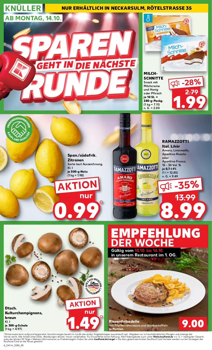 Aktueller Prospekt Kaufland - Extra-Angebote - von 10.10 bis 16.10.2024 - strona 8 - produkty: amaro, angebot, angebote, aperitivo rosato, braun, champignon, champignons, creme, dell, eis, elle, erde, honig, kartoffel, kartoffeln, likör, limo, milch, Milchschnitte, pfeffer, pfirsich, rama, ramazzott, ramazzotti, reis, rosato, sauce, Schal, Schale, senf, snack, Ti, zitrone, zitronen, zott, ZTE