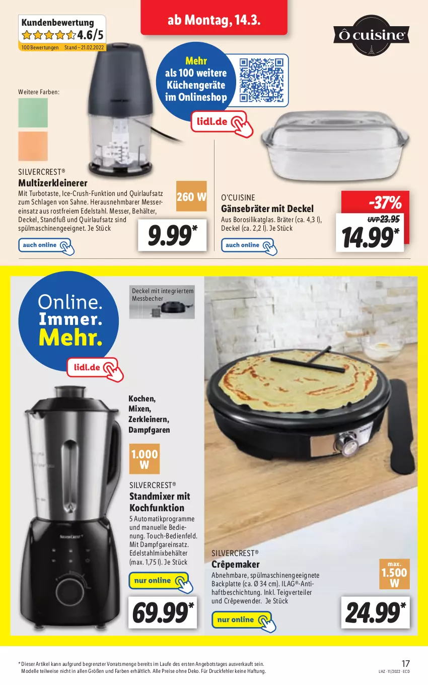 Aktueller Prospekt Lidl - Aktionsprospekt - von 14.03 bis 19.03.2022 - strona 17 - produkty: angebot, auto, Becher, Behälter, decke, Deckel, dell, edelstahl, eis, elle, ilag, küche, Küchen, latte, leine, Messbecher, messer, Mixer, Mode, reis, sahne, silvercrest, spülmaschinen, standmixer, Ti, Zerkleinerer, ZTE