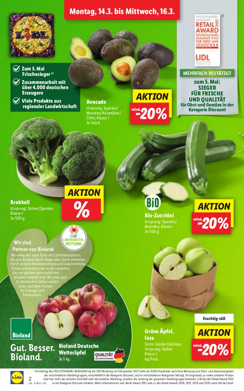 Aktueller Prospekt Lidl - Aktionsprospekt - von 14.03 bis 19.03.2022 - strona 2 - produkty: Abtei, angebot, avocado, bio, bio-zucchini, bioland, brokkoli, discount, eis, ente, frucht, lebensmittel, magazin, obst, Obst und Gemüse, reis, Ti, und gemüse, zucchini