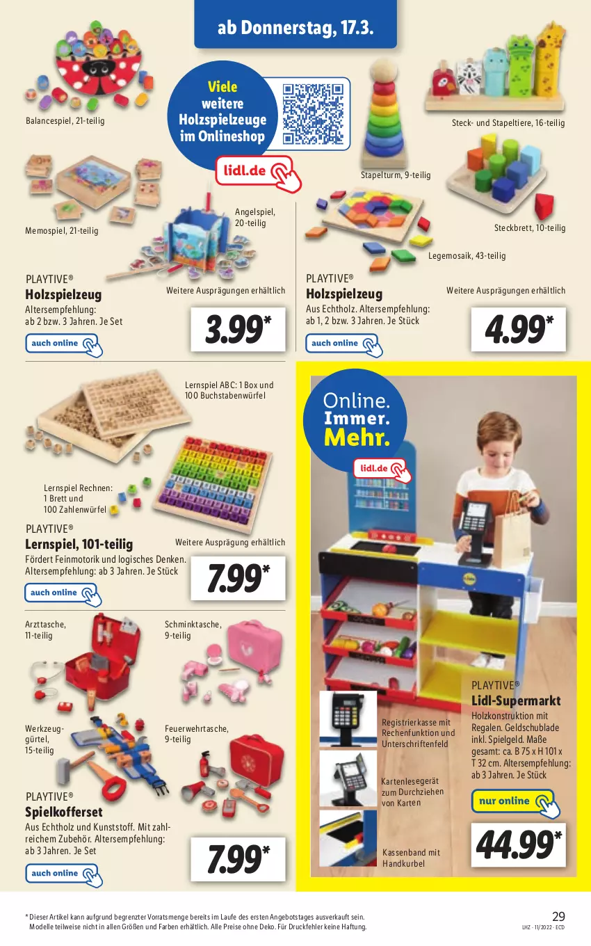 Aktueller Prospekt Lidl - Aktionsprospekt - von 14.03 bis 19.03.2022 - strona 29 - produkty: angebot, buch, dell, eis, elle, Holz, koffer, Lernspiel, LG, Mode, ndk, regal, reis, rwe, spielzeug, Stapeltiere, Tasche, Ti, Tiere, werkzeug, würfel, ZTE