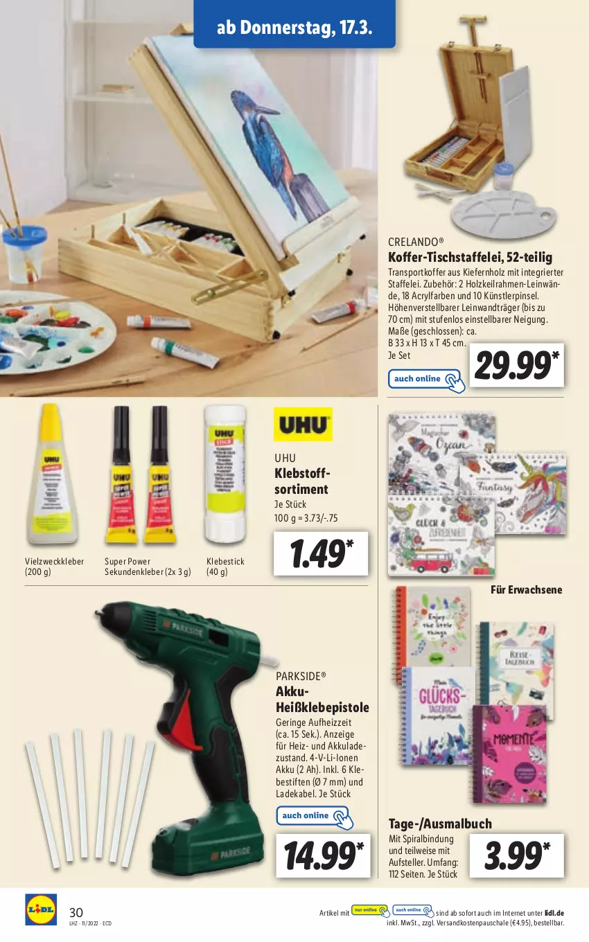 Aktueller Prospekt Lidl - Aktionsprospekt - von 14.03 bis 19.03.2022 - strona 30 - produkty: akku, buch, deka, eis, Elan, elle, Heißklebepistole, Holz, kleber, koffer, ladekabel, Malbuch, ndk, Parkside, Pinsel, rel, ring, Schal, Schale, Sport, stifte, teller, Ti, tisch, uhu, weck