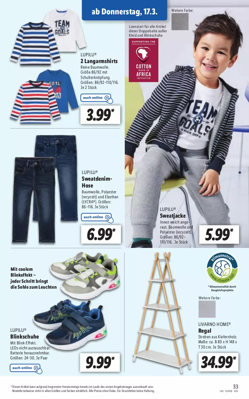 Aktueller Prospekt Lidl - Aktionsprospekt - von 14.03 bis 19.03.2022 - strona 33 - produkty: angebot, aust, batterie, Bau, baumwolle, dell, Denimhose, eis, elle, Holz, hose, Jacke, kleid, Langarmshirt, leds, Leuchte, leuchten, lupilu, Mode, regal, reine baumwolle, reis, ring, schuhe, shirt, shirts, sweatjacke, Ti, wolle, ZTE