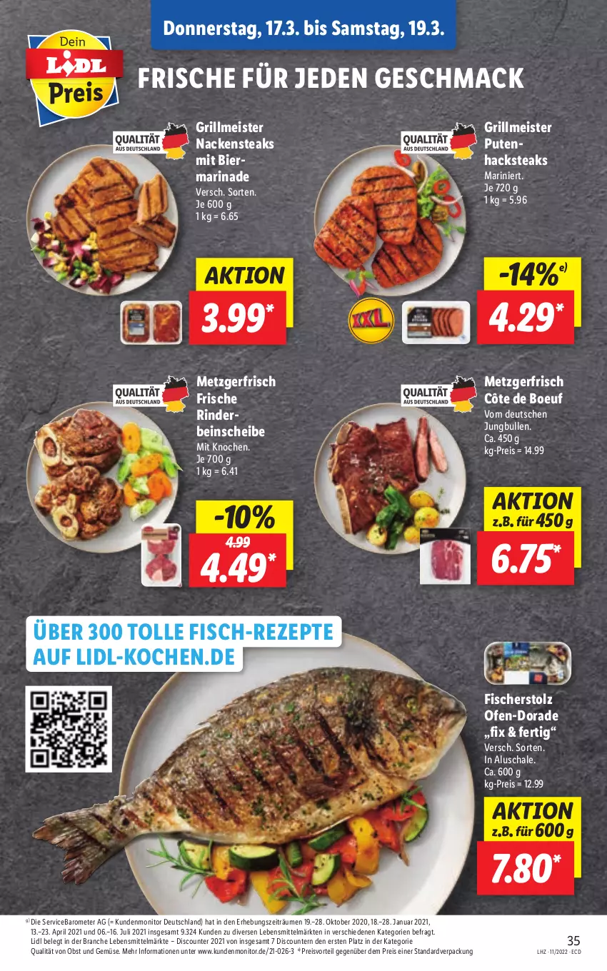 Aktueller Prospekt Lidl - Aktionsprospekt - von 14.03 bis 19.03.2022 - strona 35 - produkty: bier, discount, Dorade, eis, fisch, fische, Fischer, grill, jungbullen, lebensmittel, mac, marinade, Meister, monitor, Nackensteak, nackensteaks, obst, Obst und Gemüse, Ofen, preisvorteil, pril, pute, Putenhacksteak, reis, rezept, rezepte, rind, rinder, Schal, Schale, steak, steaks, Ti, und gemüse