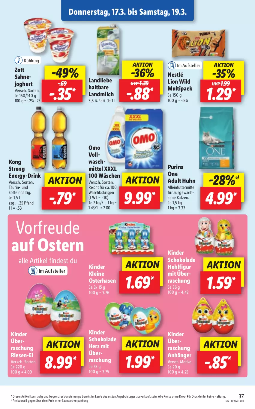 Aktueller Prospekt Lidl - Aktionsprospekt - von 14.03 bis 19.03.2022 - strona 37 - produkty: alleinfuttermittel, angebot, Anhänger, drink, eis, elle, joghur, joghurt, Kinder, kinder schokolade, landliebe, landmilch, leine, lion, milch, nestlé, preisvorteil, purina, reis, sahne, Sahnejoghurt, schoko, schokolade, teller, Ti, vollwaschmittel, waschmittel, Wild, zott, ZTE