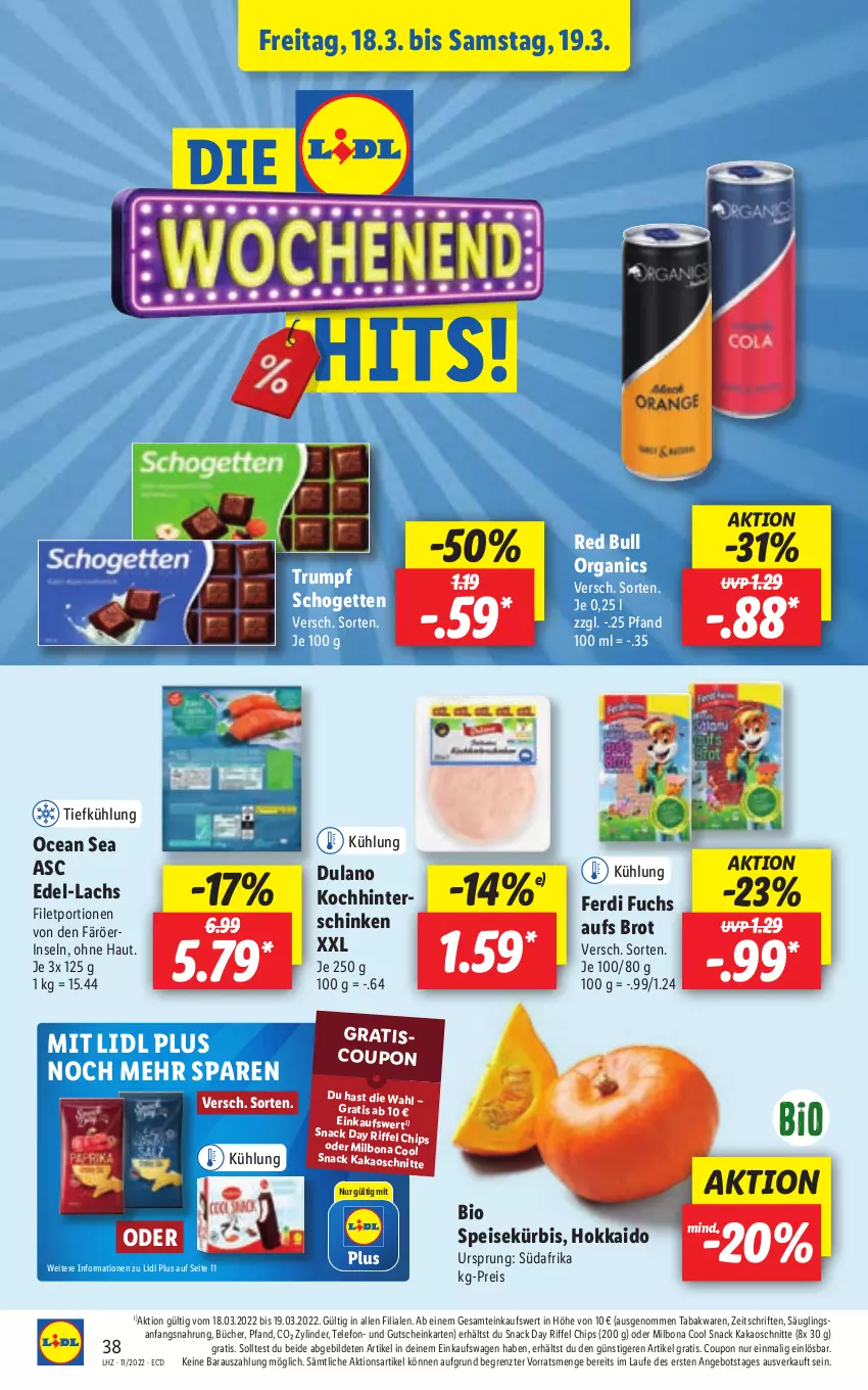 Aktueller Prospekt Lidl - Aktionsprospekt - von 14.03 bis 19.03.2022 - strona 38 - produkty: angebot, bio, Bona, brot, chips, coupon, dulano, eis, ferdi fuchs, filet, gutschein, hinterschinken, kakao, Kürbis, lachs, Milbona, red bull, reis, rum, schinken, schogetten, snack, telefon, Ti, ZTE